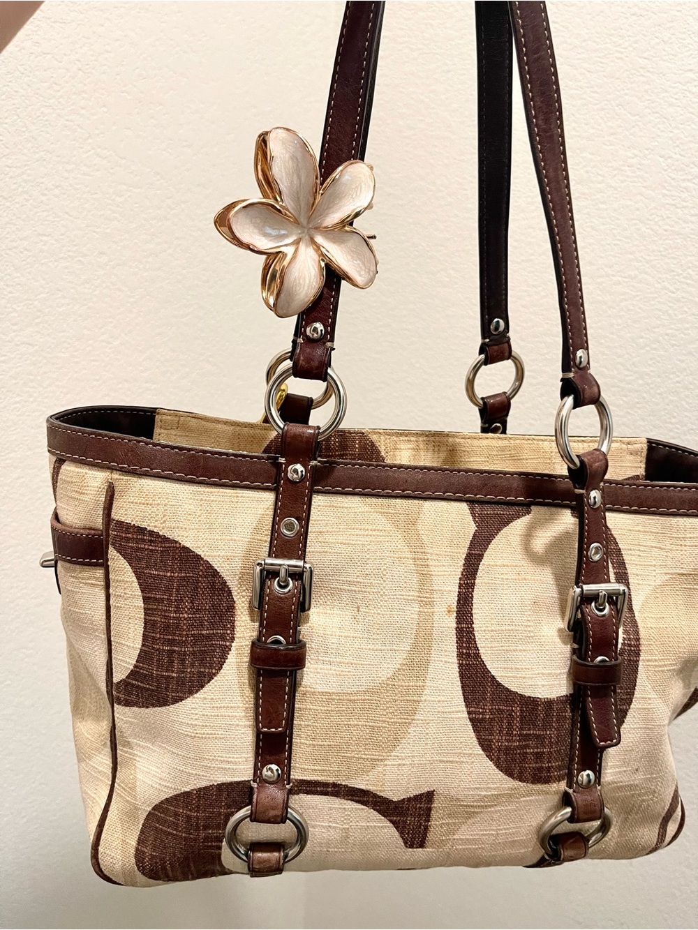 Coach Beige and Brown Signature Shoulder Bag